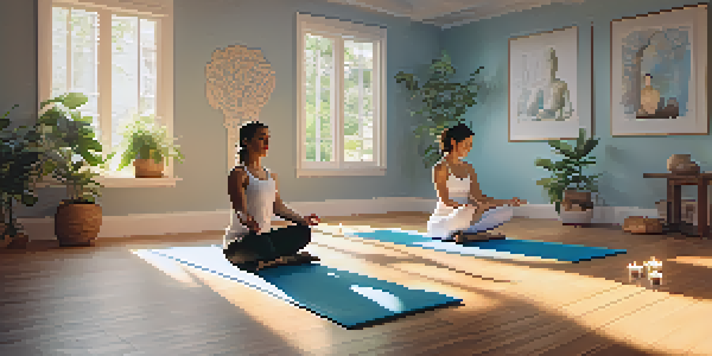 Two people practicing the 'Double Tree' yoga pose in a calming indoor environment with soft lighting and yoga props.