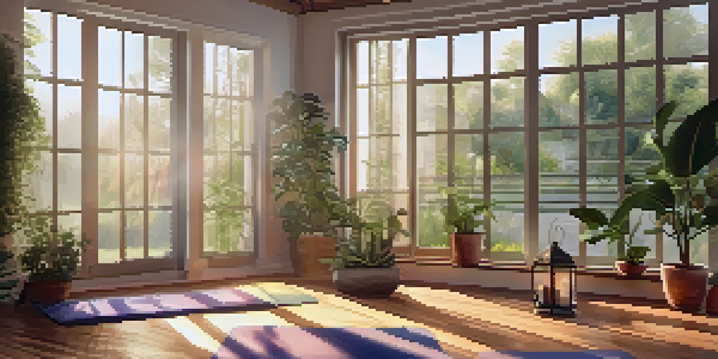 A person practicing yoga in a peaceful studio with natural light and plants.