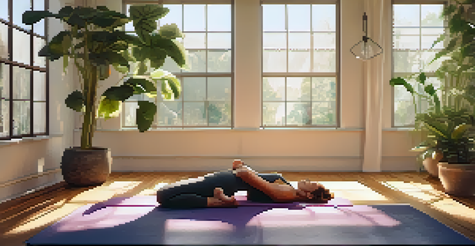 A woman practicing yoga in a bright and tranquil studio, surrounded by plants and soft light.