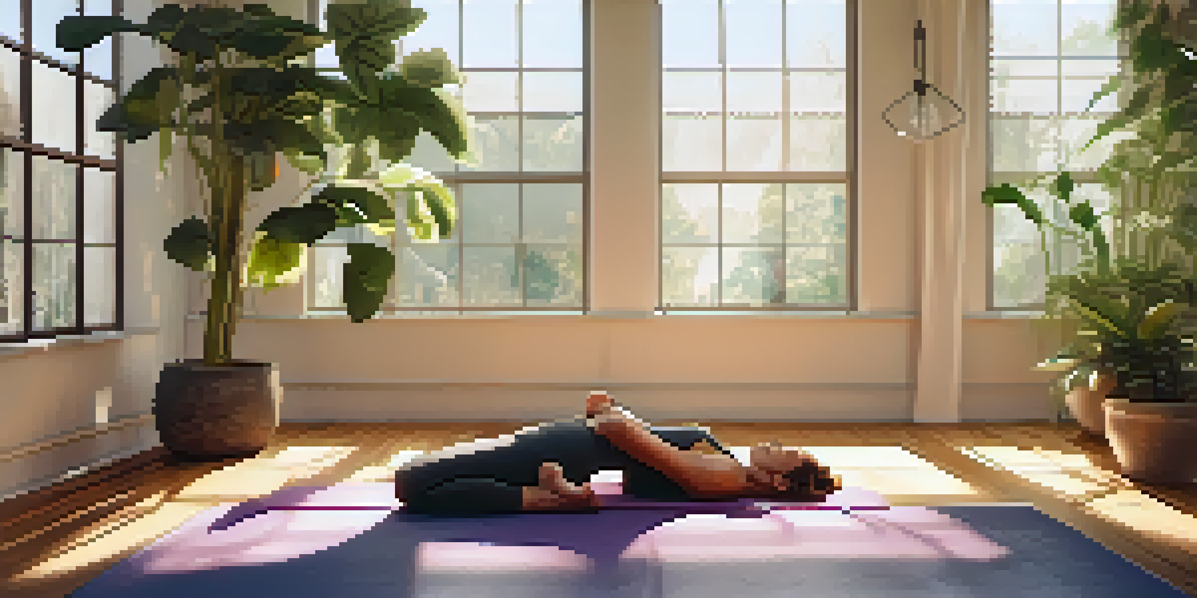 A woman practicing yoga in a bright and tranquil studio, surrounded by plants and soft light.