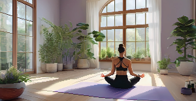 A peaceful yoga studio with a person in meditation, surrounded by plants and essential oils.