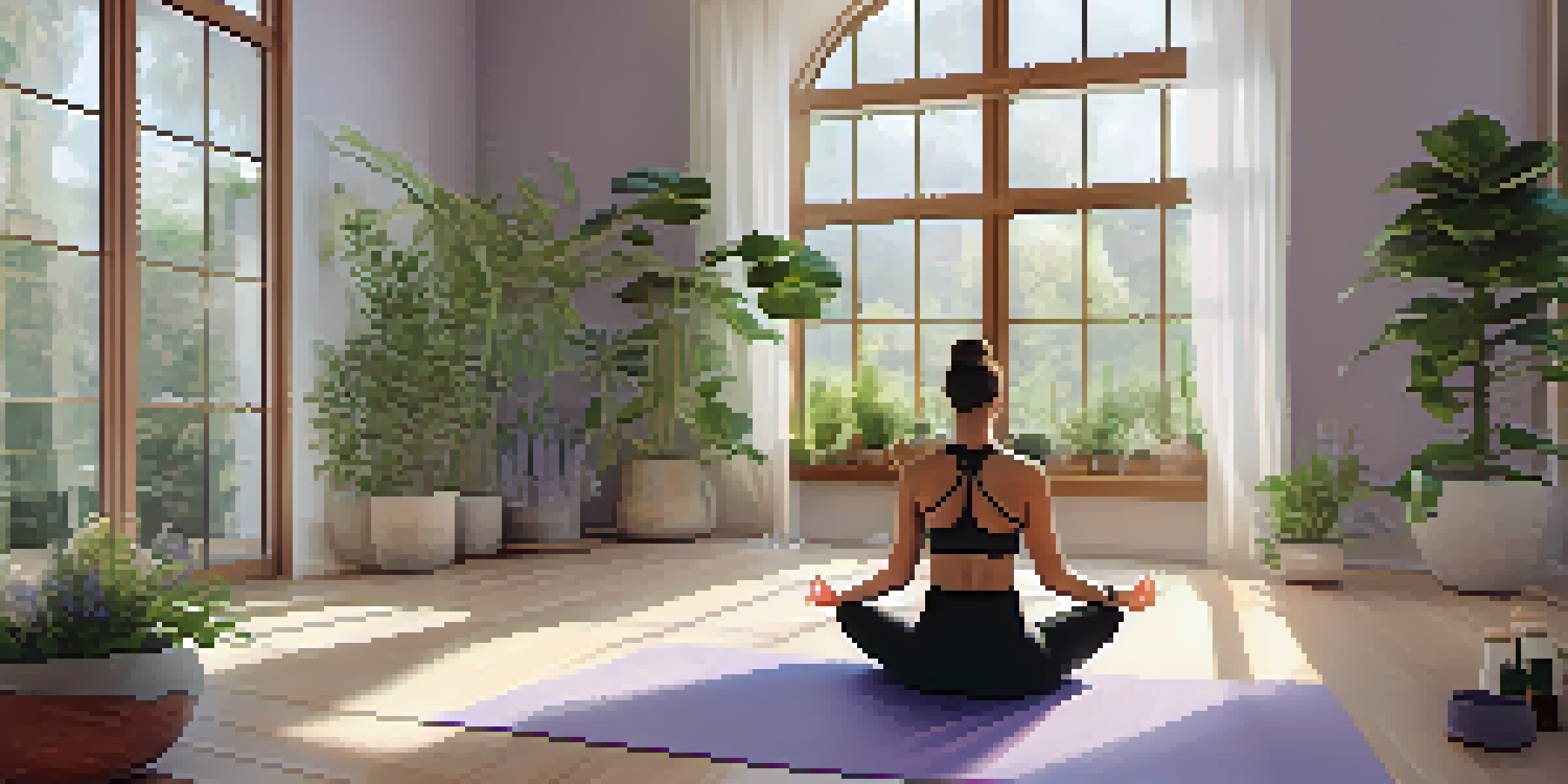 A peaceful yoga studio with a person in meditation, surrounded by plants and essential oils.
