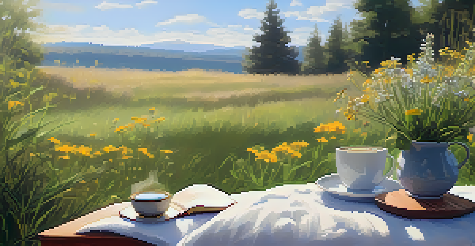 A cozy outdoor setting with a blanket on grass, wildflowers, a journal, and a cup of tea, perfect for mindfulness and relaxation.