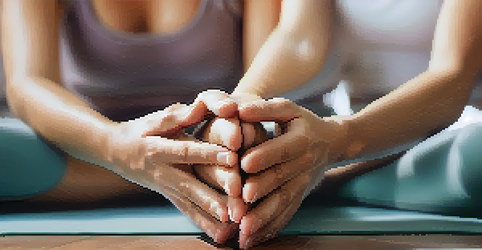 Close-up of hands in a meditative pose during a yoga practice.