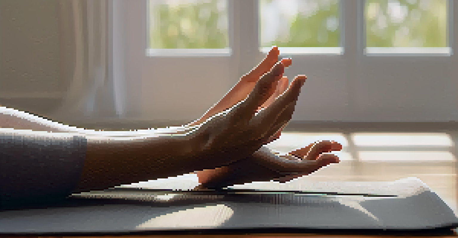 Close-up of hands in a meditative pose on a yoga mat, with soft light and calming elements like plants and essential oils in the background.