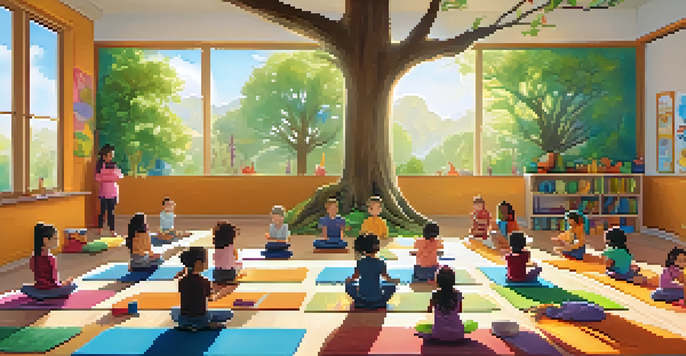 Children practicing yoga poses in a colorful classroom filled with sunlight and playful decorations.
