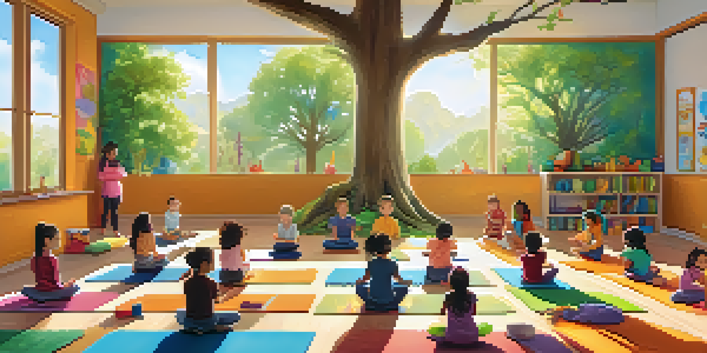 Children practicing yoga poses in a colorful classroom filled with sunlight and playful decorations.