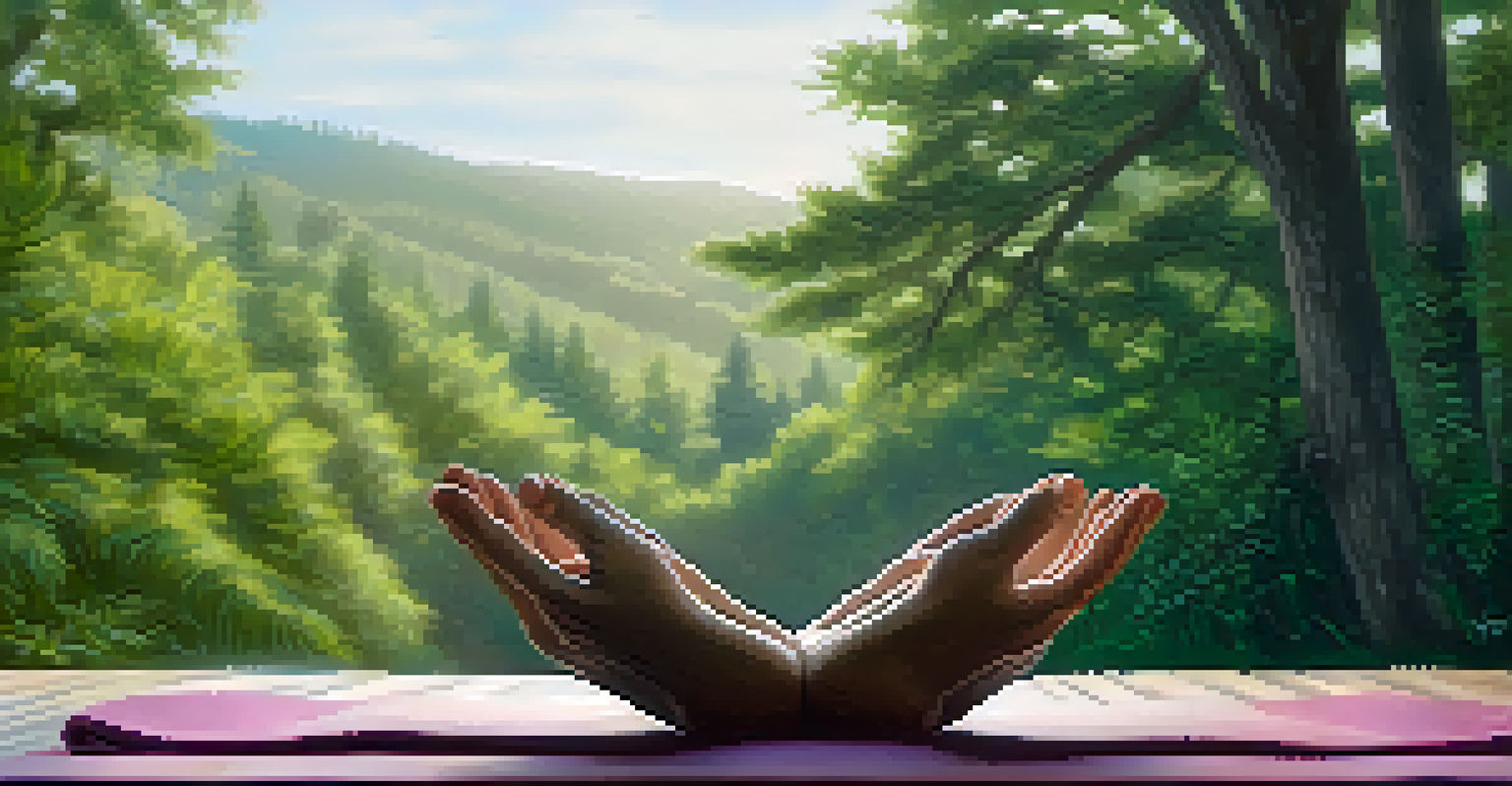 Close-up of hands in a mudra gesture on a yoga mat with a lush green nature background.