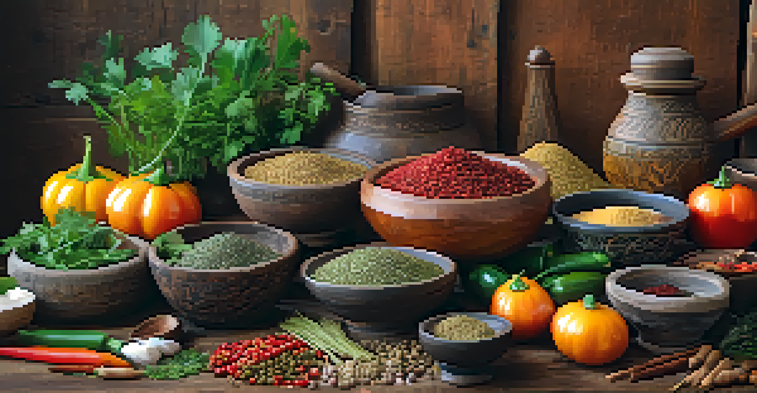 A collection of Ayurvedic herbs and spices on a wooden table, with fresh vegetables and a bowl of food.
