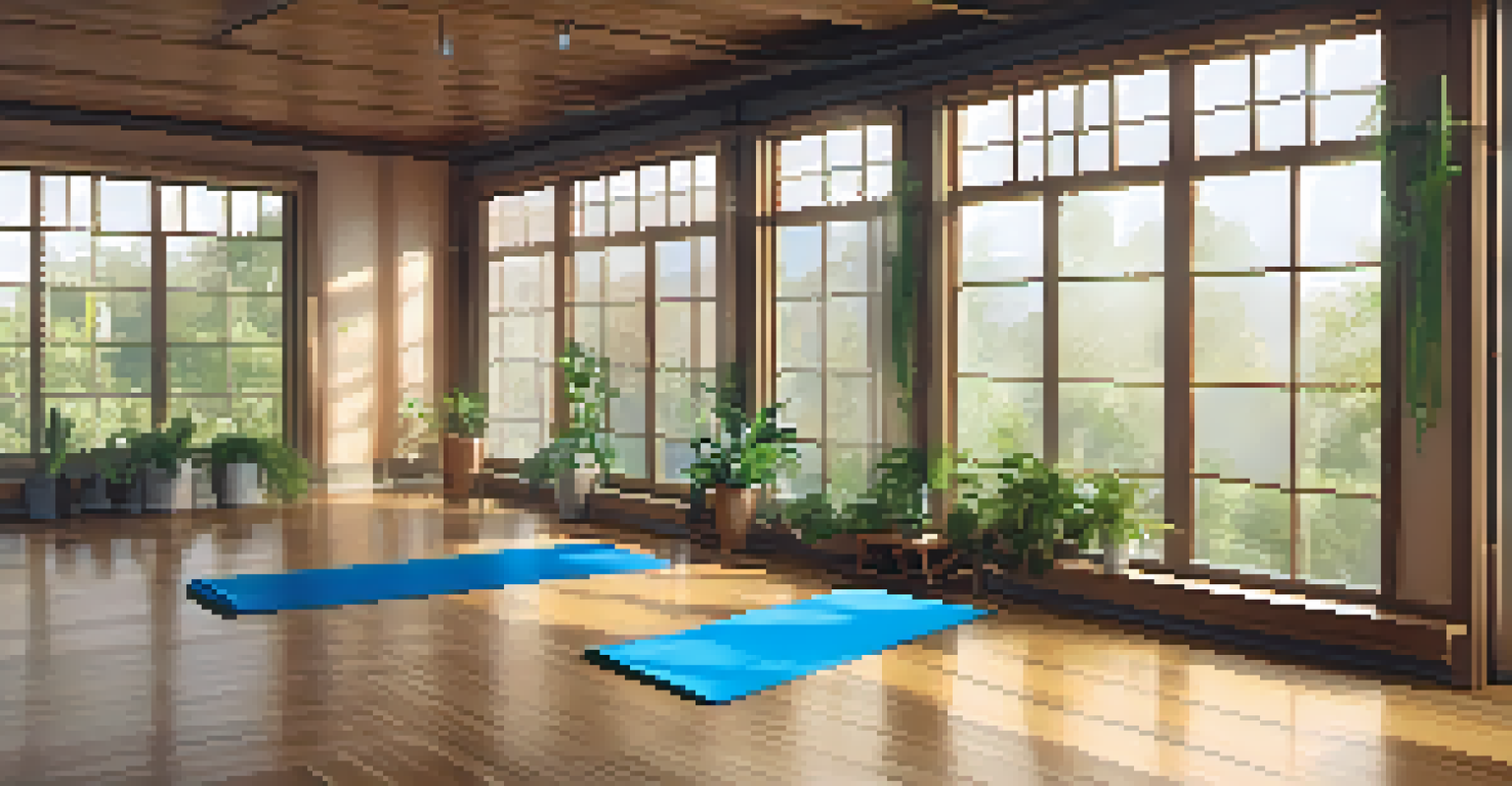 Interior of a sustainable yoga studio with bamboo flooring, recycled mats, and natural light filtering through windows.