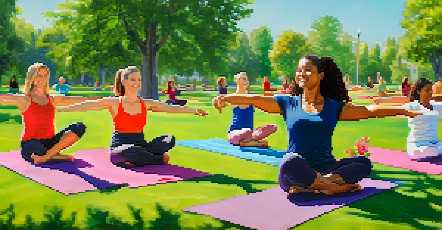 Teachers practicing yoga outdoors in a park, surrounded by nature, showcasing community and wellness.