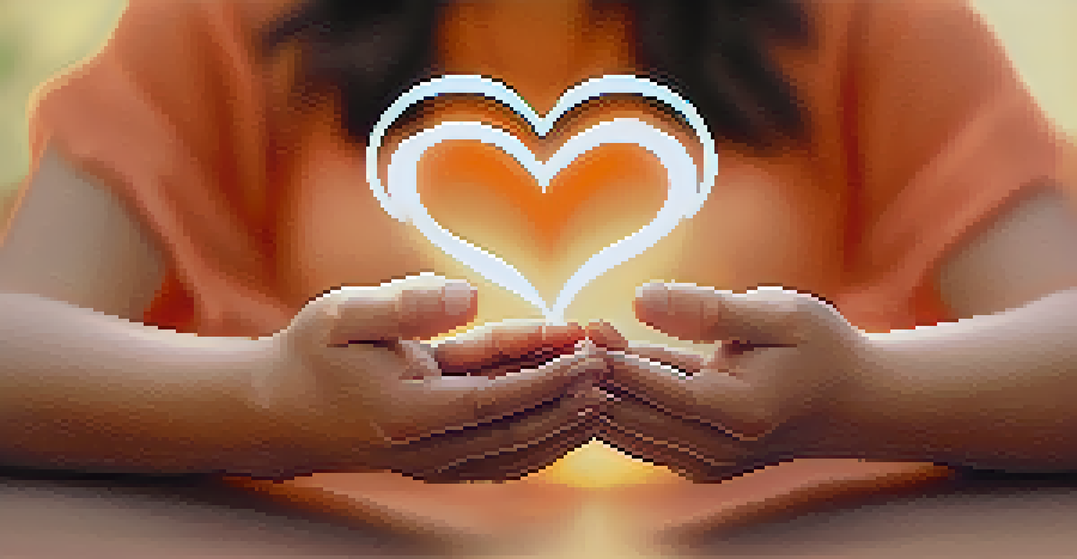 Close-up of hands in a mudra position over a heart center, conveying mindfulness and inner peace.