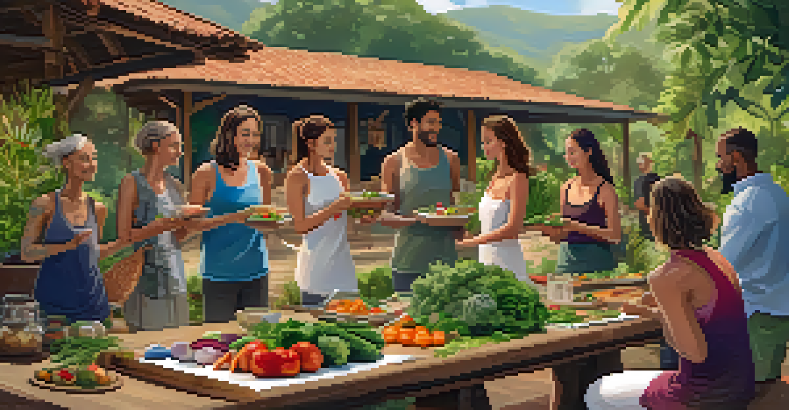 Participants engaging in a cooking workshop with organic vegetables at an eco-conscious yoga retreat, set outdoors with lush plants.