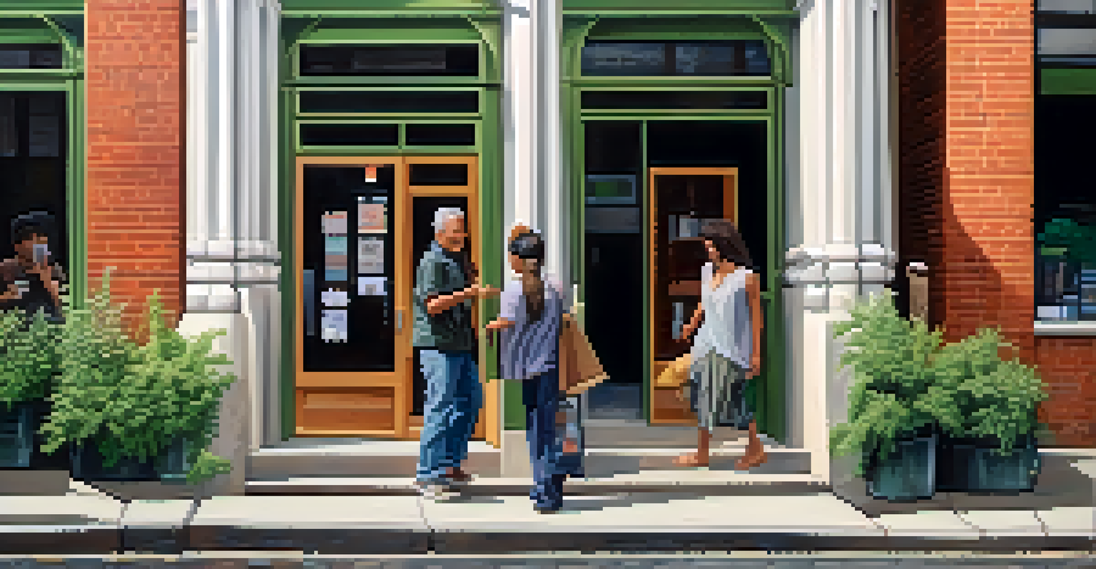 An urban street scene depicting individuals performing small acts of kindness, such as holding doors and smiling at each other.
