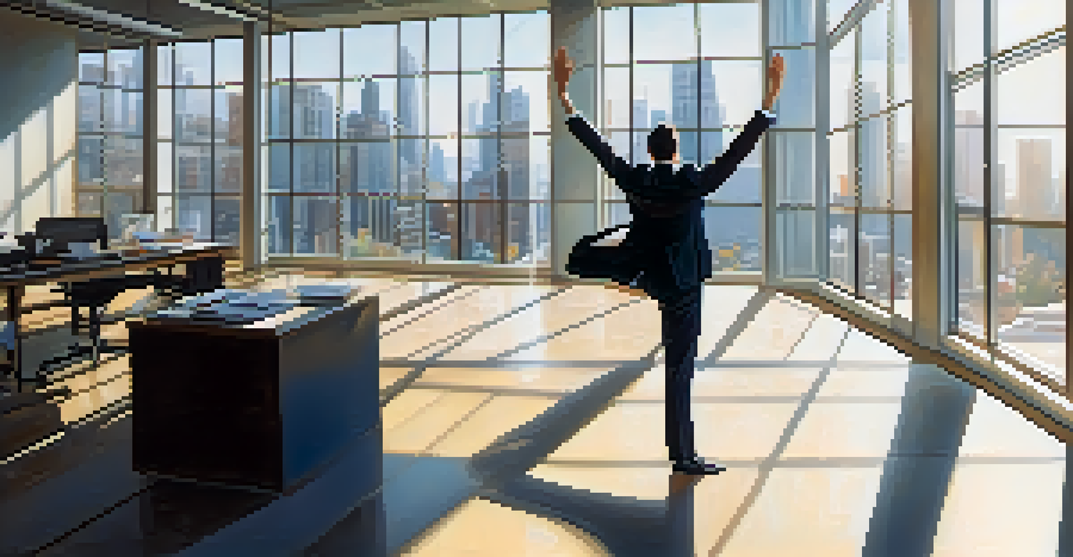 A person in professional attire practicing 'Chair Pose' in an office with sunlight.