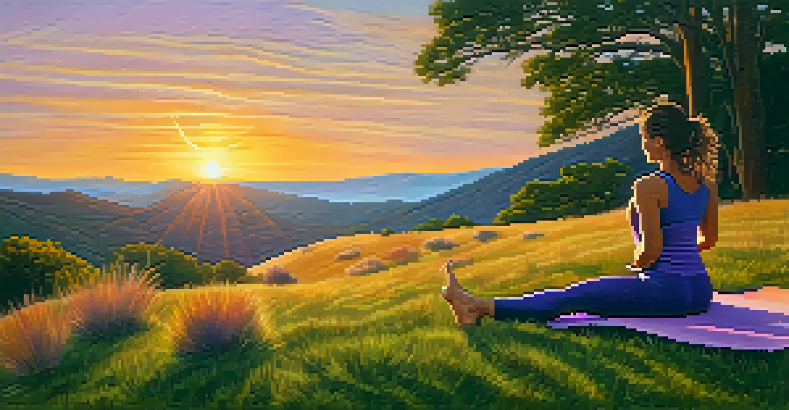 A person practicing yoga on a grassy hill at sunset, surrounded by vibrant colors of the sky, symbolizing peace and connection with nature.