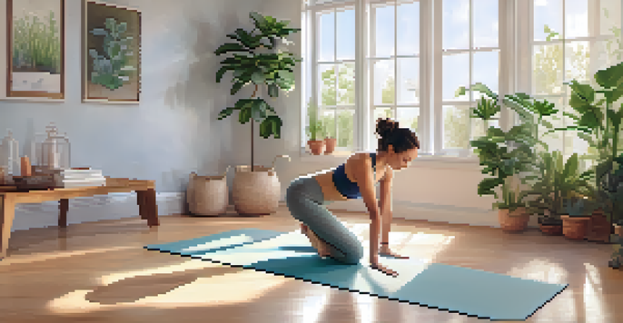 A woman practicing Cat-Cow yoga pose in a tranquil studio with natural light and plants.
