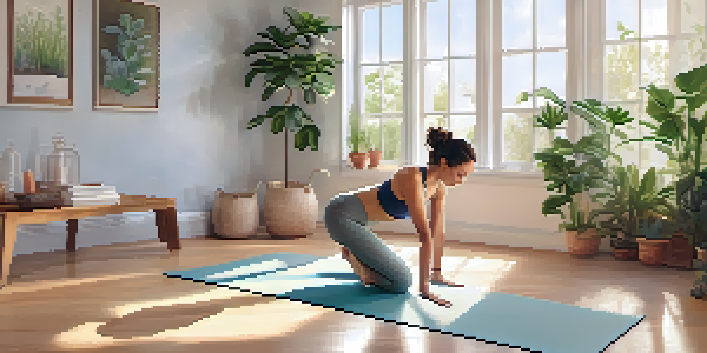 A woman practicing Cat-Cow yoga pose in a tranquil studio with natural light and plants.