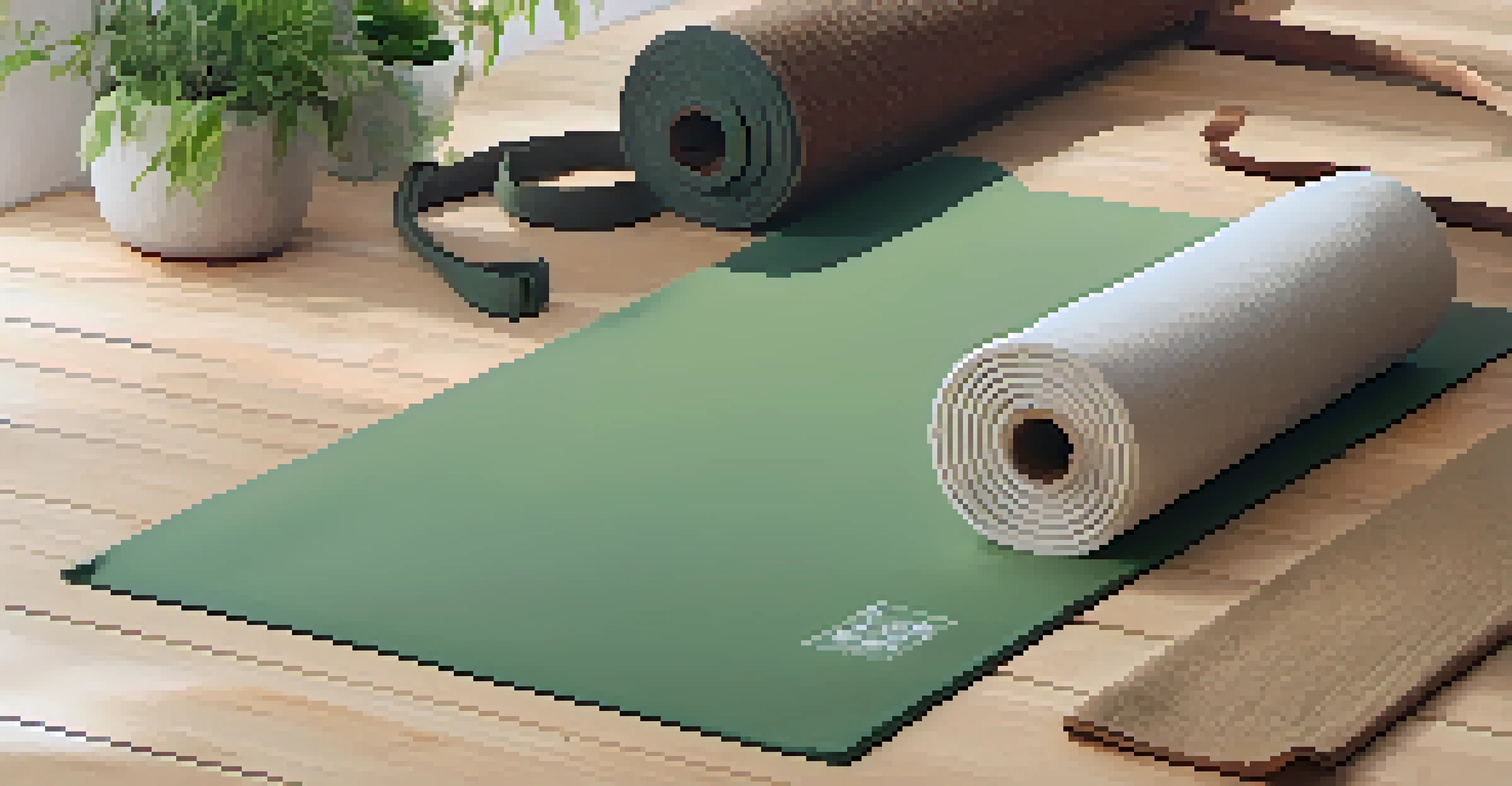 Close-up of eco-friendly yoga gear including a natural rubber mat, jute blocks, and a stainless steel water bottle on a wooden floor.
