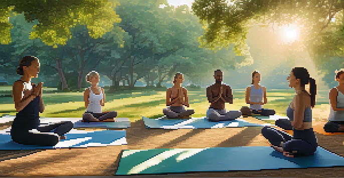 A diverse group of people practicing yoga outdoors at sunrise in a lush green park, surrounded by trees and sunlight.