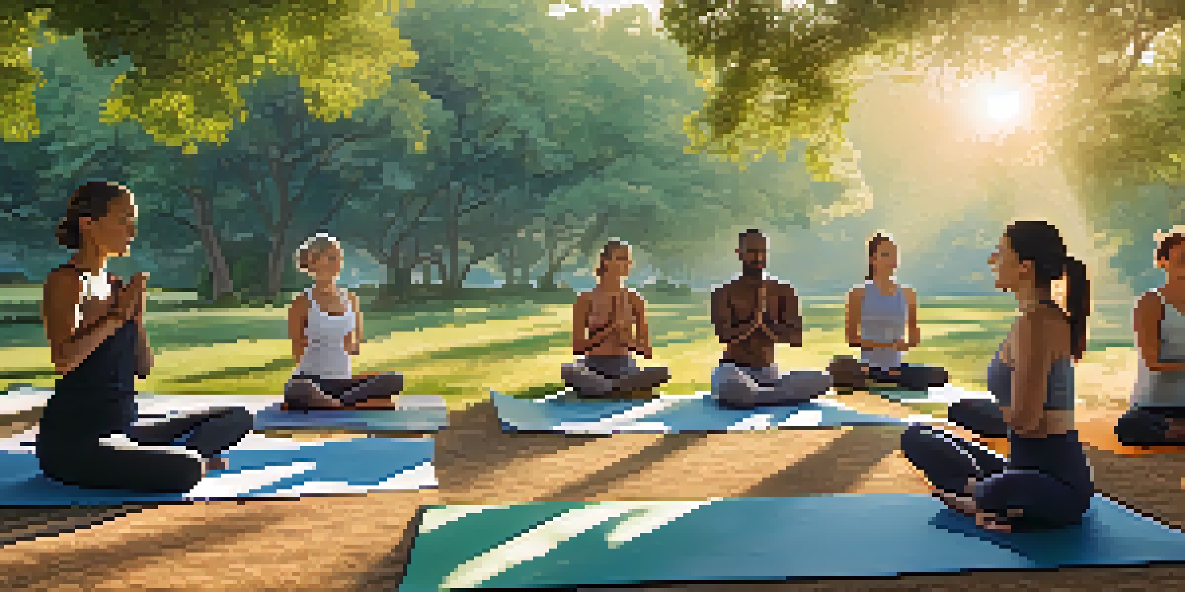 A diverse group of people practicing yoga outdoors at sunrise in a lush green park, surrounded by trees and sunlight.