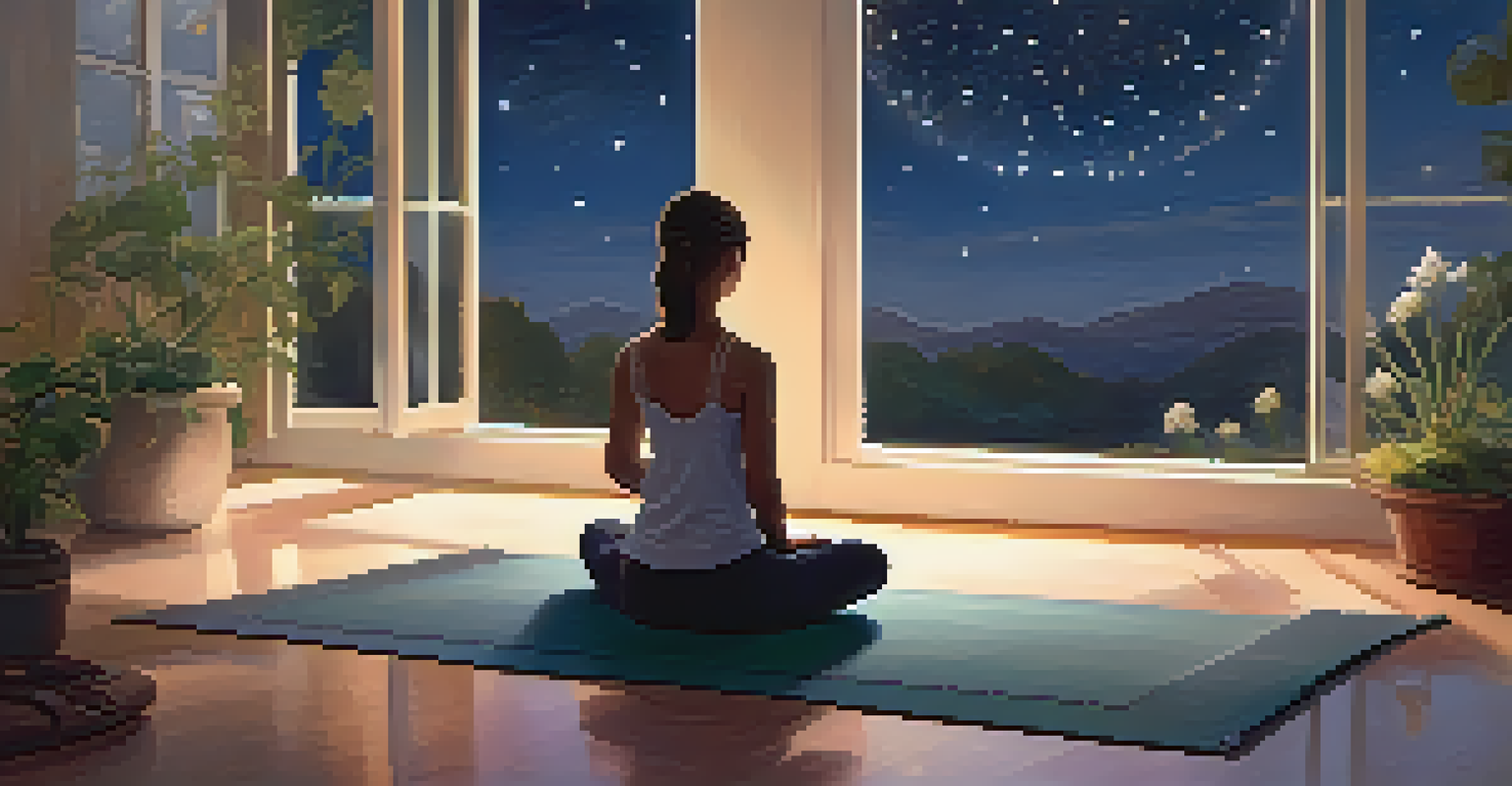 A person in Child's Pose practicing gentle yoga in a tranquil setting with plants and a night sky in the background.