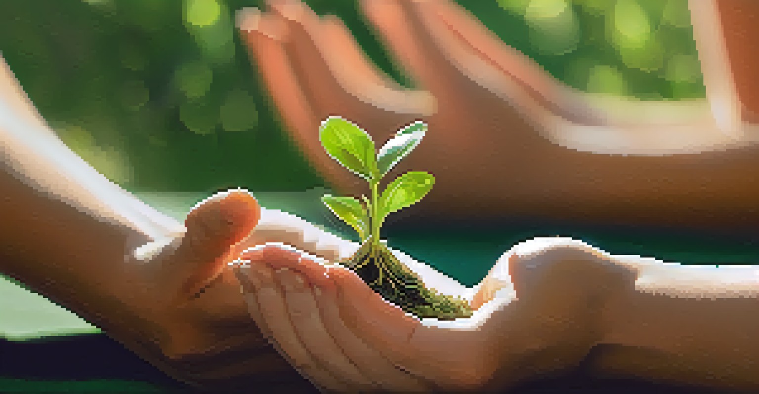 Close-up of hands holding a small green sprout, representing environmental care at a yoga retreat.