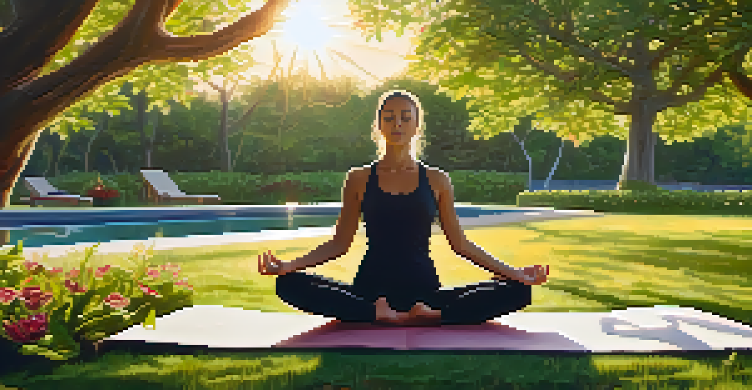 A person practicing restorative yoga outdoors in a park, supported by bolsters, with trees and a sunset in the background.