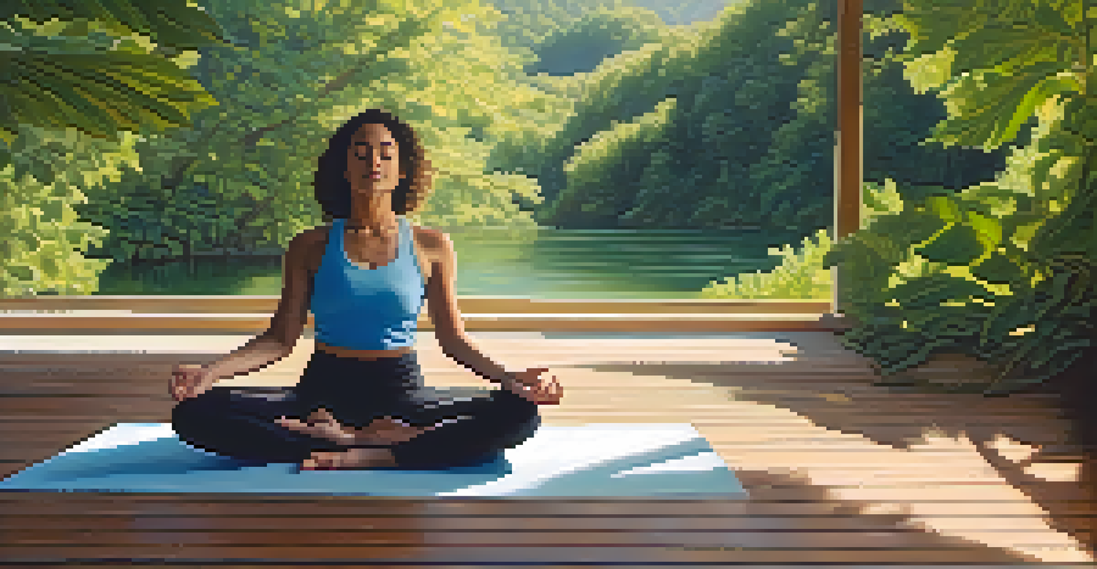 A person meditating in nature with a focus on breath control, surrounded by greenery and soft sunlight.