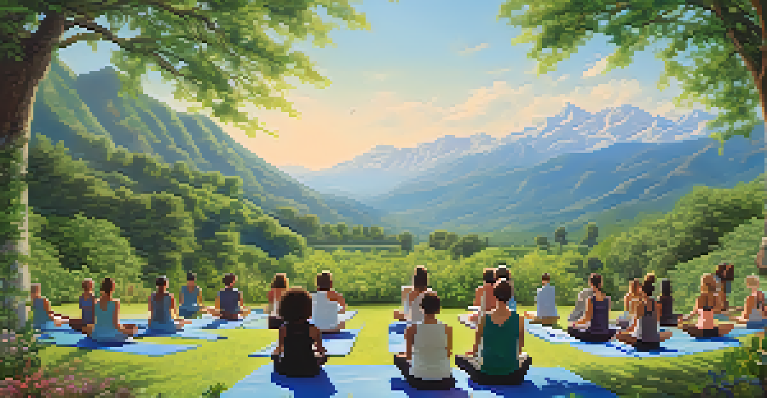 Participants practicing yoga outdoors in a lush landscape with mountains and clear skies, showcasing mindfulness in nature.