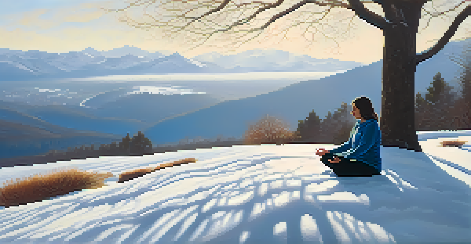 A person practicing Yoga Nidra outdoors on a hill during winter, with mountains in the background and sunlight breaking through the clouds.