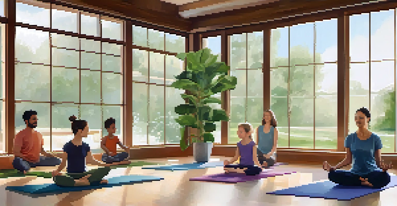 A family in a yoga studio following an instructor, smiling and engaging in a guided yoga session, surrounded by soft colors and natural light.