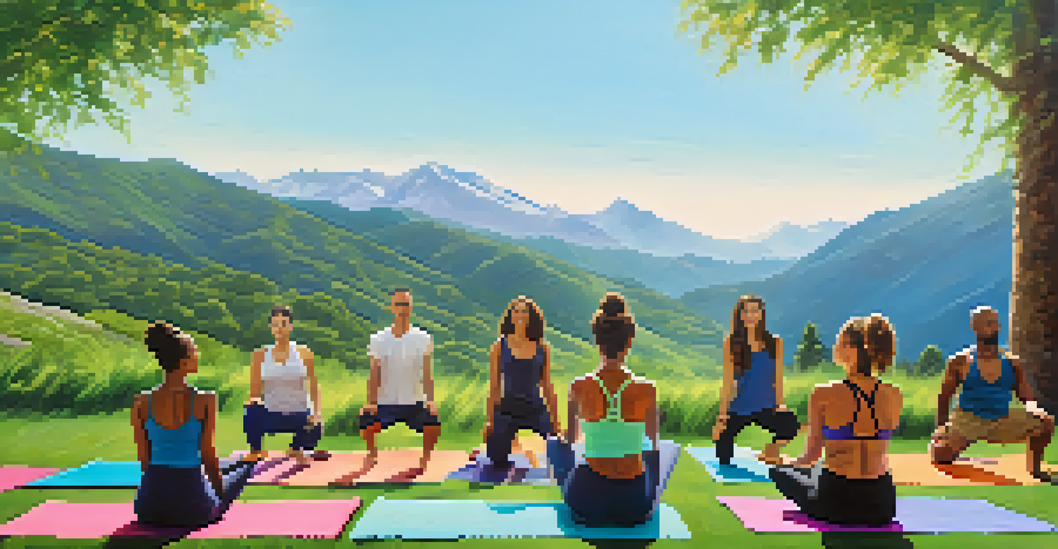 A group of diverse individuals practicing yoga outdoors in front of mountains, showcasing various yoga poses.