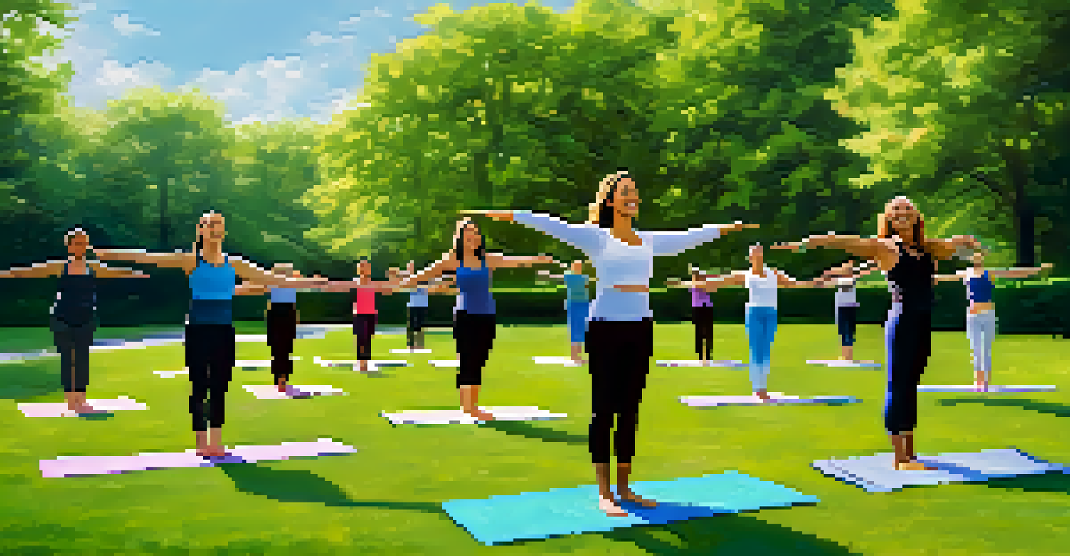 Colleagues practicing partner yoga poses outdoors on a sunny day, surrounded by green grass and trees.