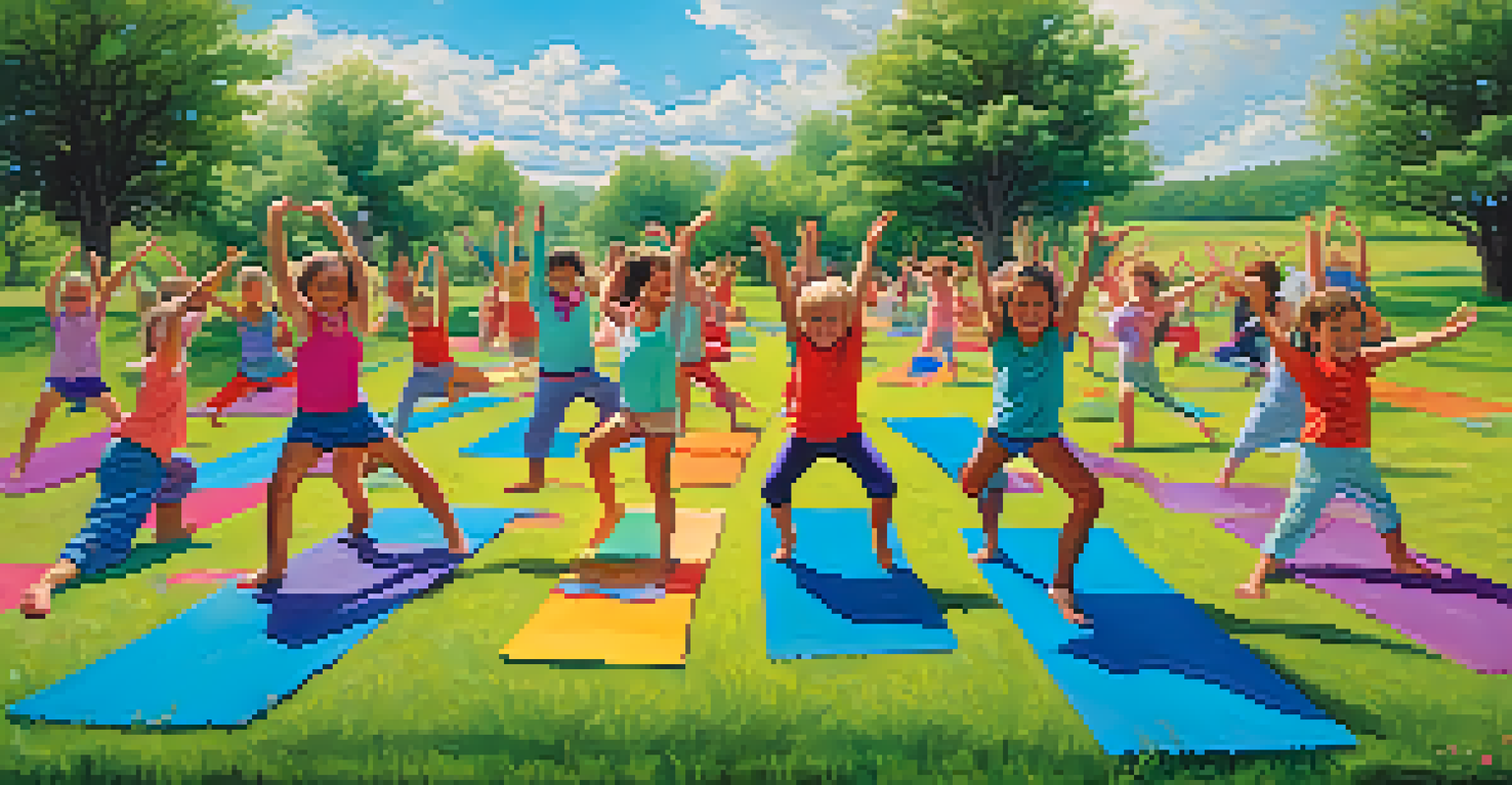 Kids enjoying a yoga freeze dance outdoors, laughing and posing on colorful mats under a bright sky.