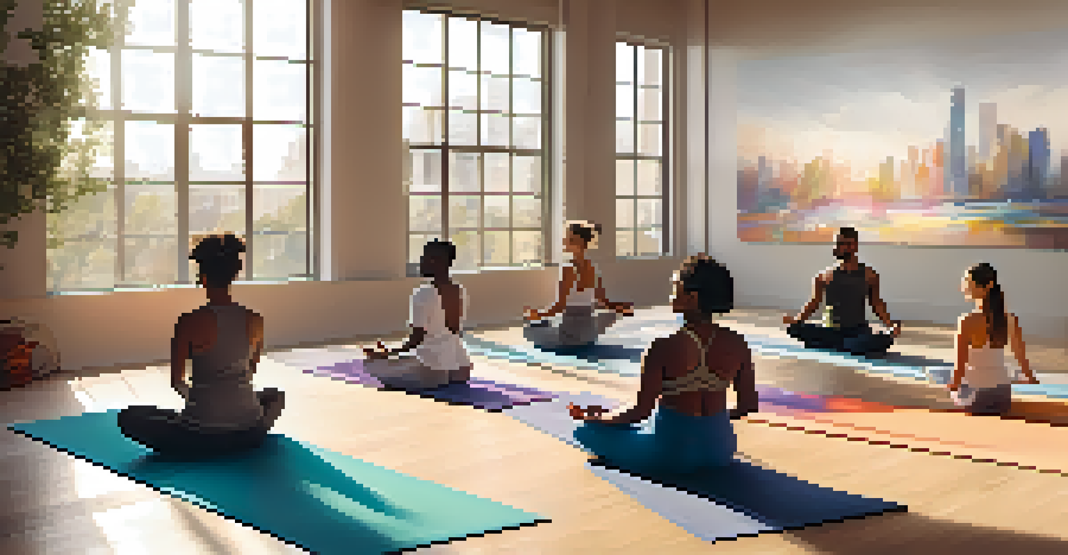 A diverse group of individuals practicing yoga together in a bright community class, showcasing unity and support.
