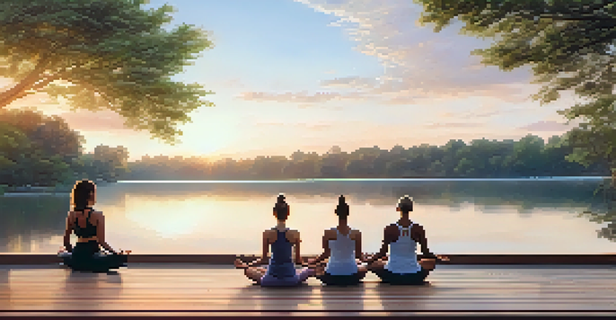 A peaceful yoga session at sunrise by a lake, with people in various yoga poses on a wooden deck.