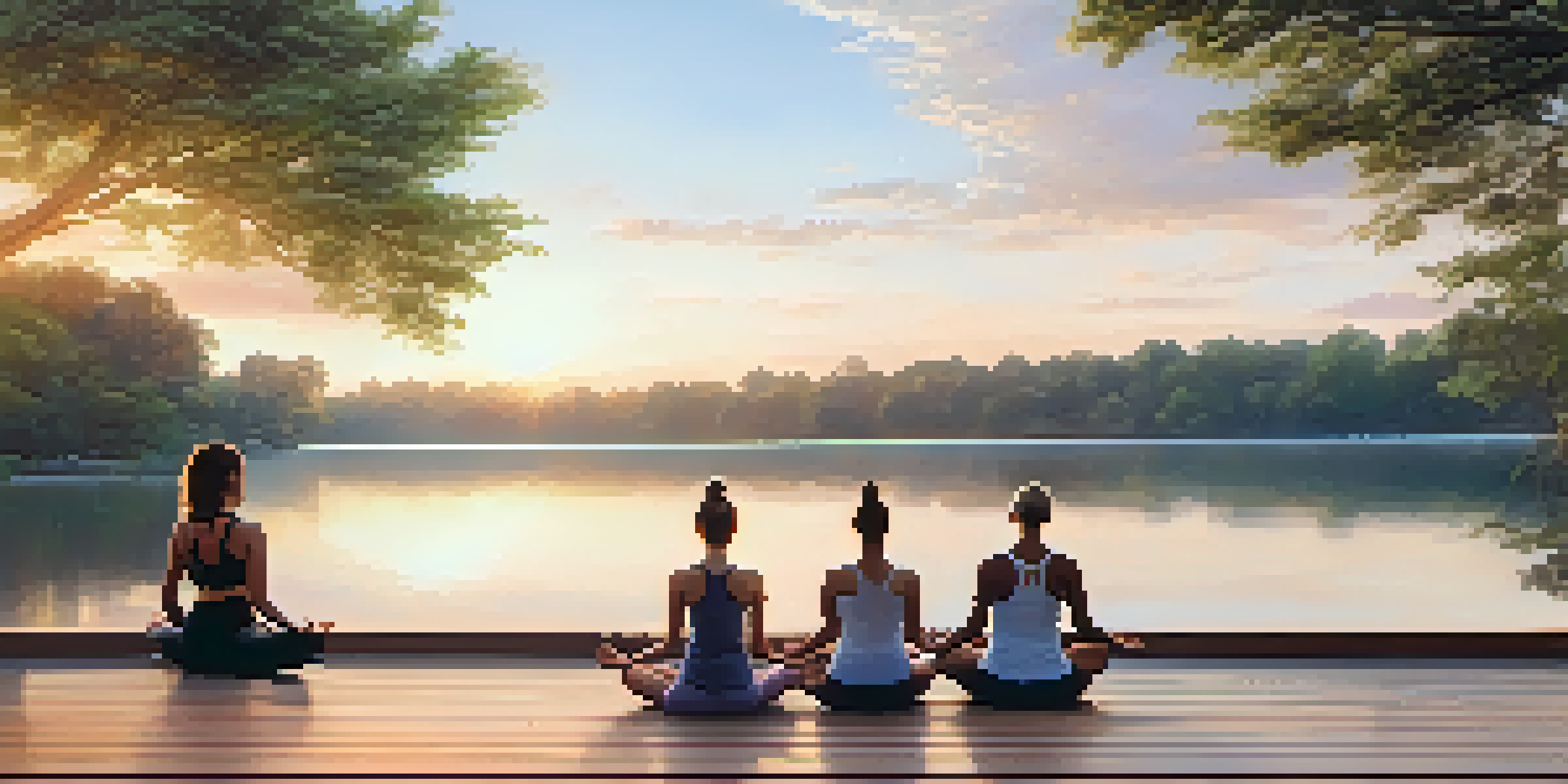 A peaceful yoga session at sunrise by a lake, with people in various yoga poses on a wooden deck.