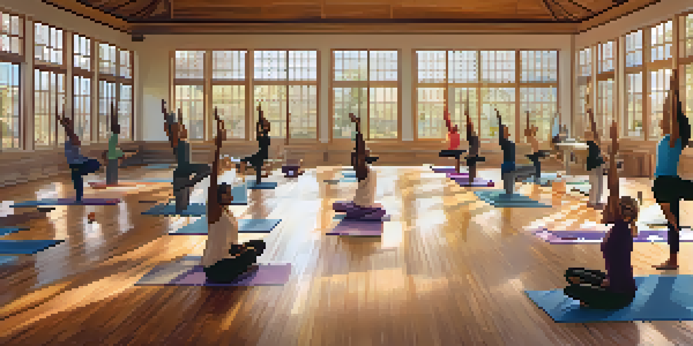 A bright and warm yoga studio with people practicing together, emphasizing community and support.