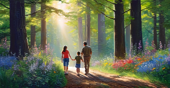 A family walking hand-in-hand on a forest trail, immersed in nature, with tall trees and wildflowers around them.