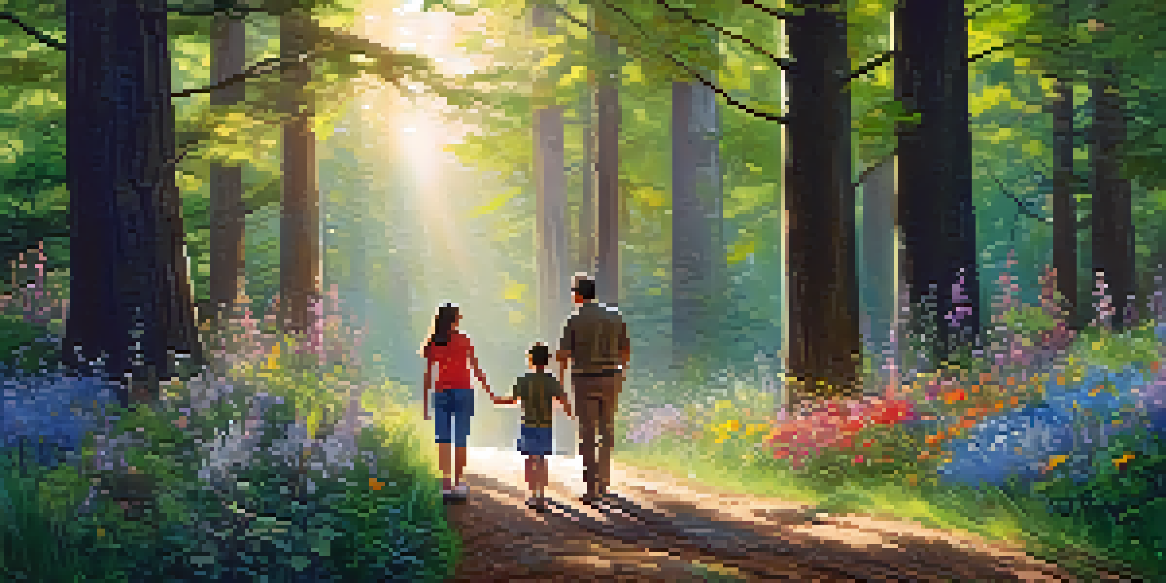 A family walking hand-in-hand on a forest trail, immersed in nature, with tall trees and wildflowers around them.
