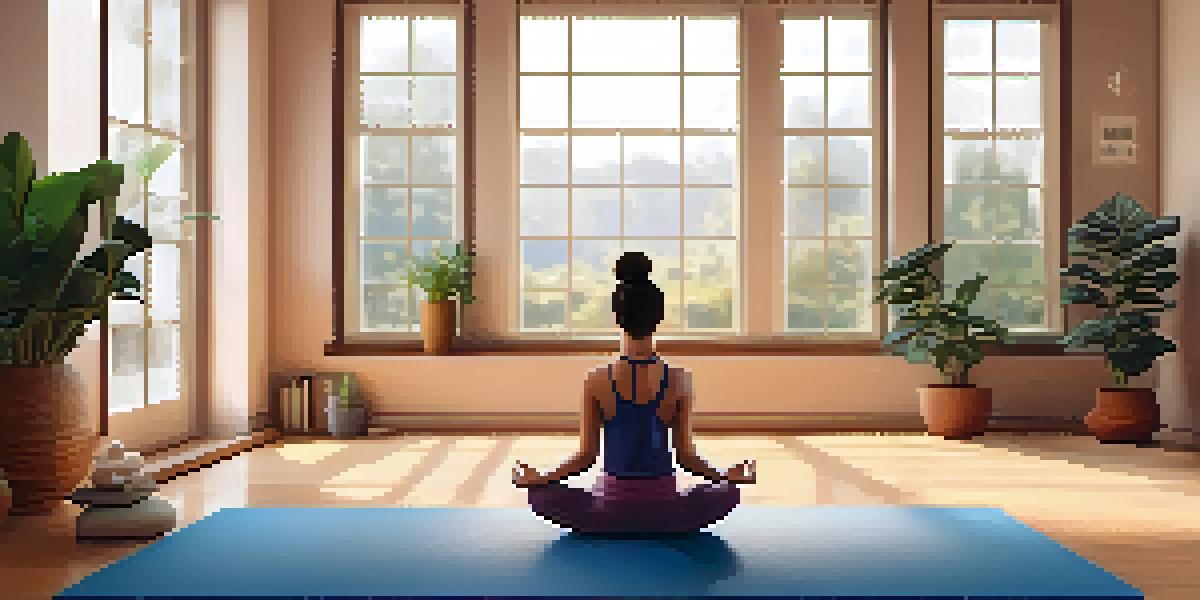 A parent practicing Child's Pose in a serene home yoga space filled with plants and soft lighting.