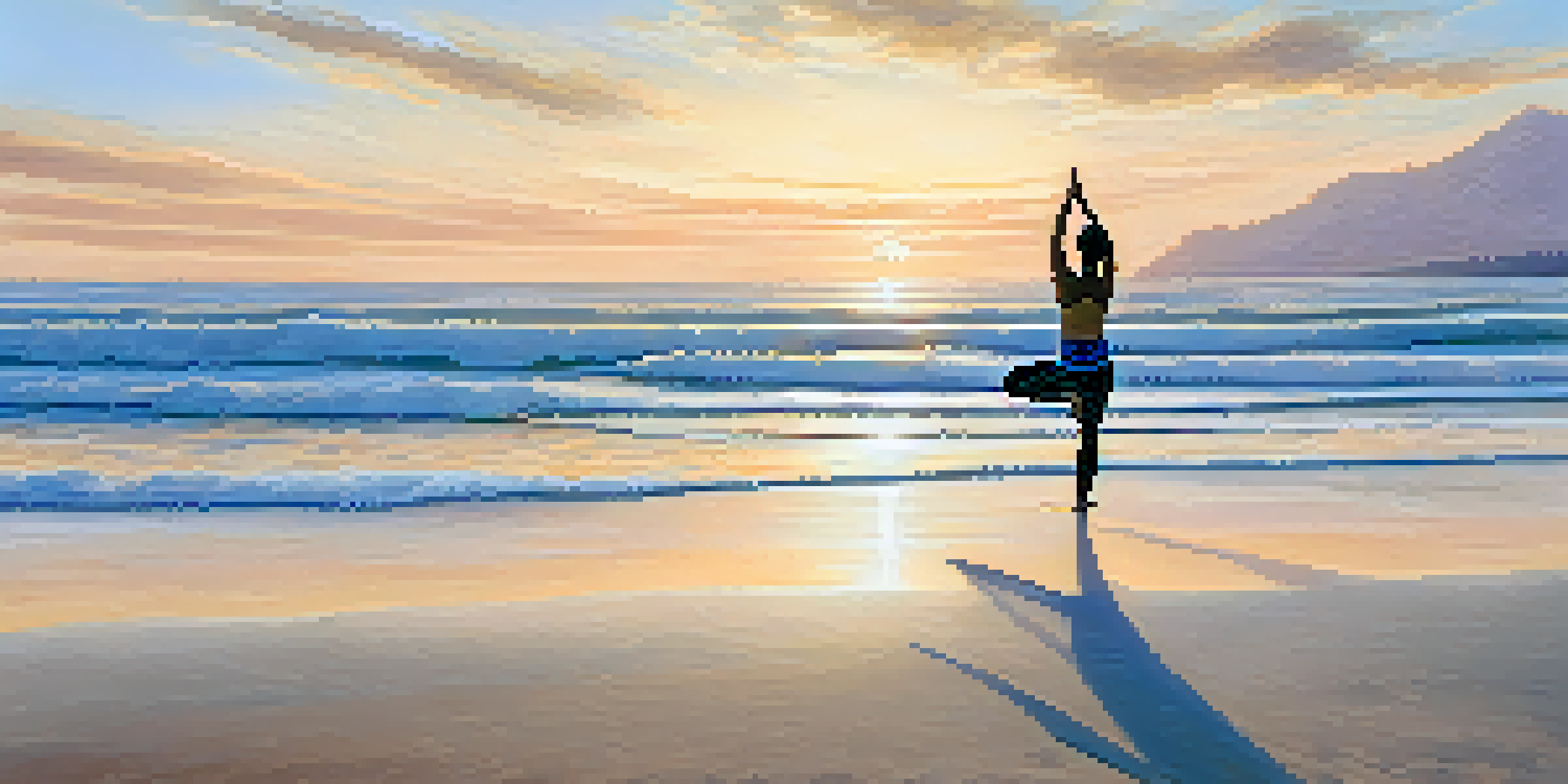 A person practicing yoga on a beach at sunrise, with soft waves and pastel colors in the sky.