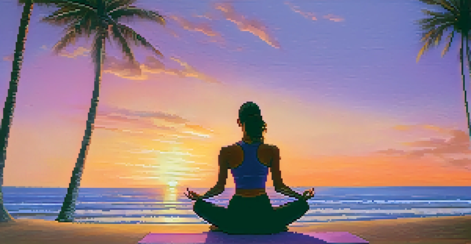 A person meditating on a beach at sunset, surrounded by calm waves and palm trees.