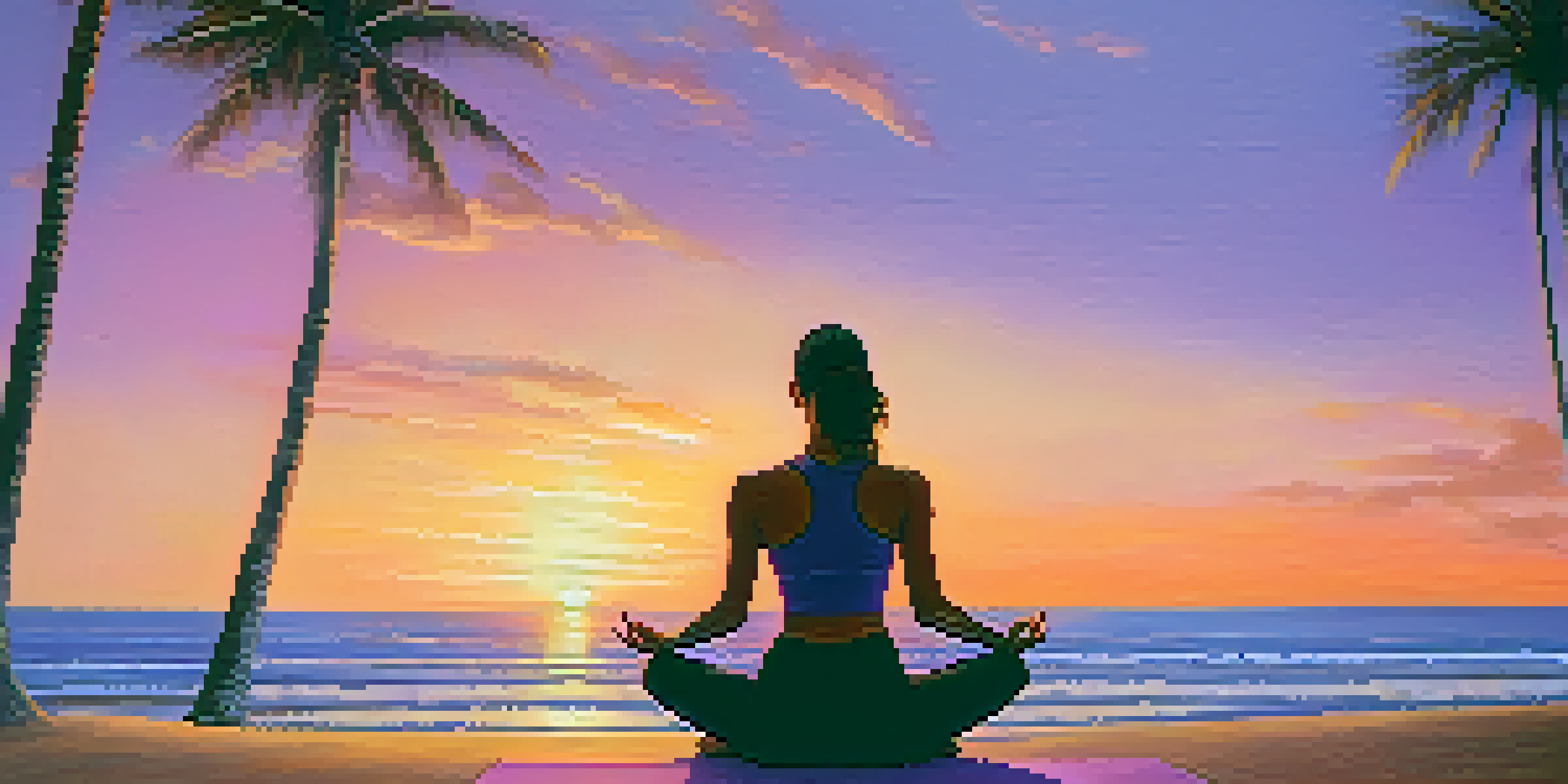 A person meditating on a beach at sunset, surrounded by calm waves and palm trees.