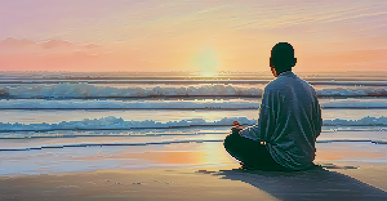 A person meditating on a beach at sunrise, surrounded by waves and a colorful sky.