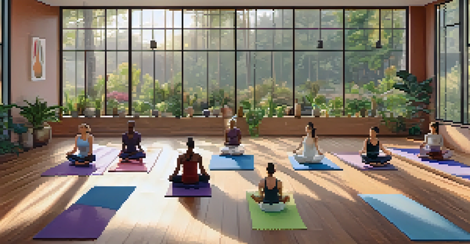 A diverse group of individuals practicing yoga in a serene studio with natural light and garden views, creating a calm and inviting atmosphere.