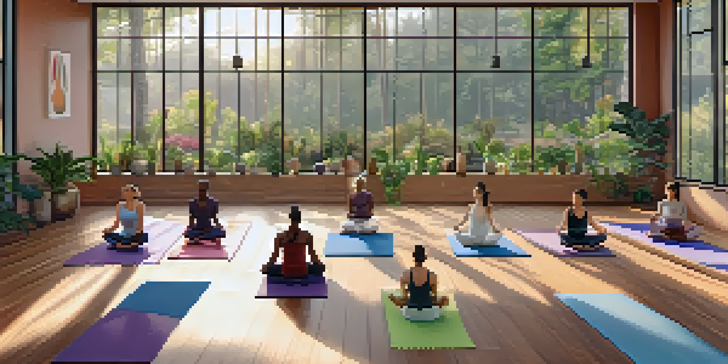 A diverse group of individuals practicing yoga in a serene studio with natural light and garden views, creating a calm and inviting atmosphere.