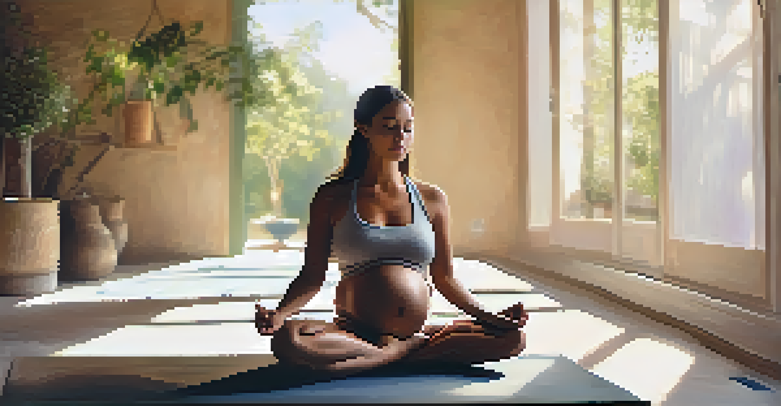 An expecting mother practicing controlled breathing while sitting cross-legged on a yoga mat, with soft light illuminating her face.