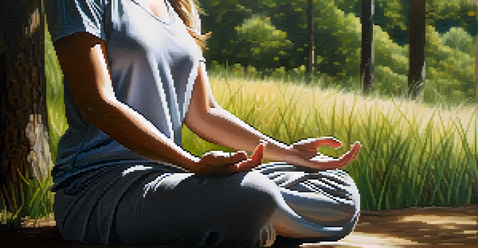 Close-up of hands in a meditation pose against a softly blurred natural landscape with sunlight filtering through trees.